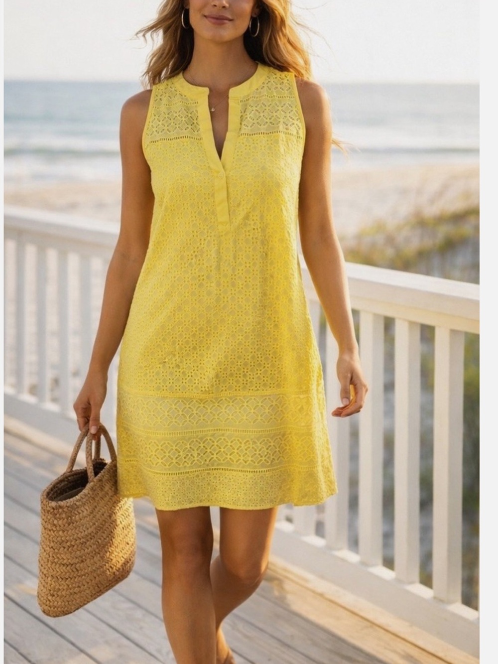 LOFT Yellow Eyelet Lace Sleeveless Tunic Dress Mini Beach Resort Casual Cottag 0